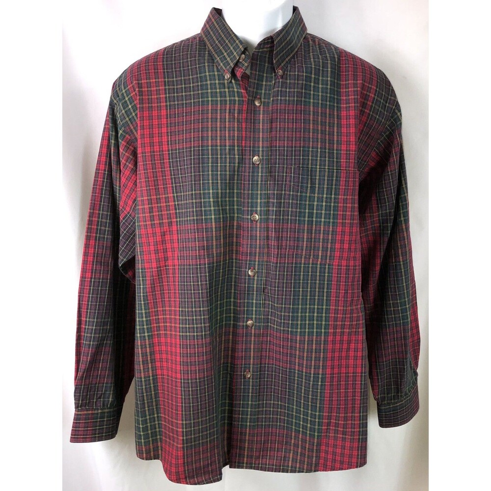 Van Heusen Oxford Shirt L Red/Green Plaid Button Up Long Sleeve Preppy Cabin